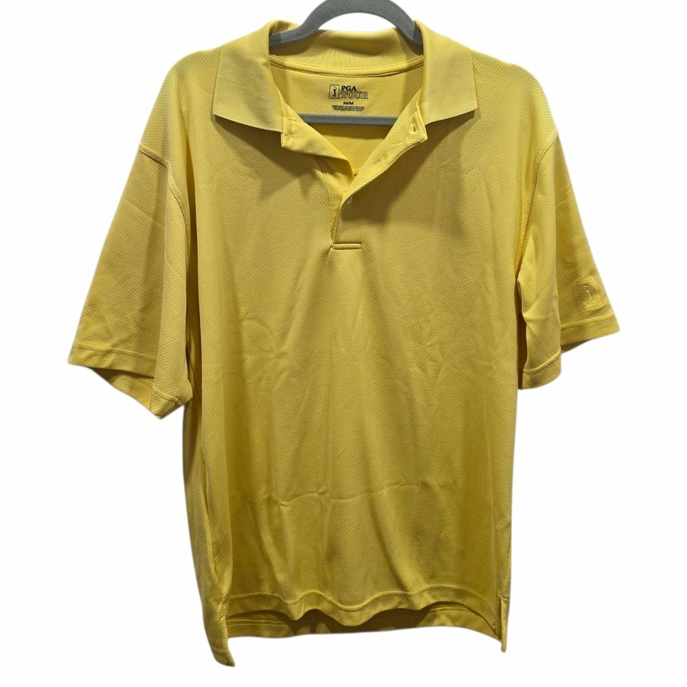 PGA Tour Mens Medium Yellow Golf Polo Shirt Performance Textured Short Sleeve